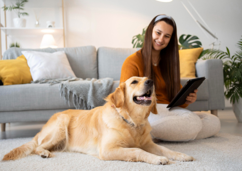 Girl with a dog in a rental house living room